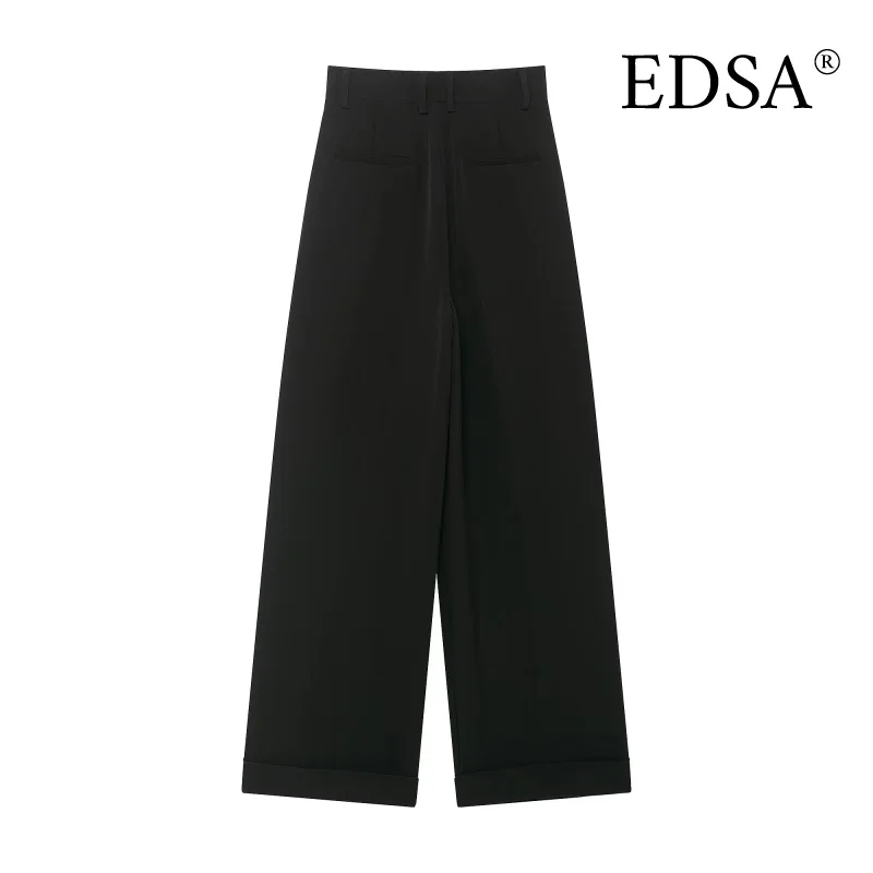 EDSA Women Black Asymmetric Waist Trousers Mid-rise Belt Loops Side Pockets for Office Lady Long Pants
