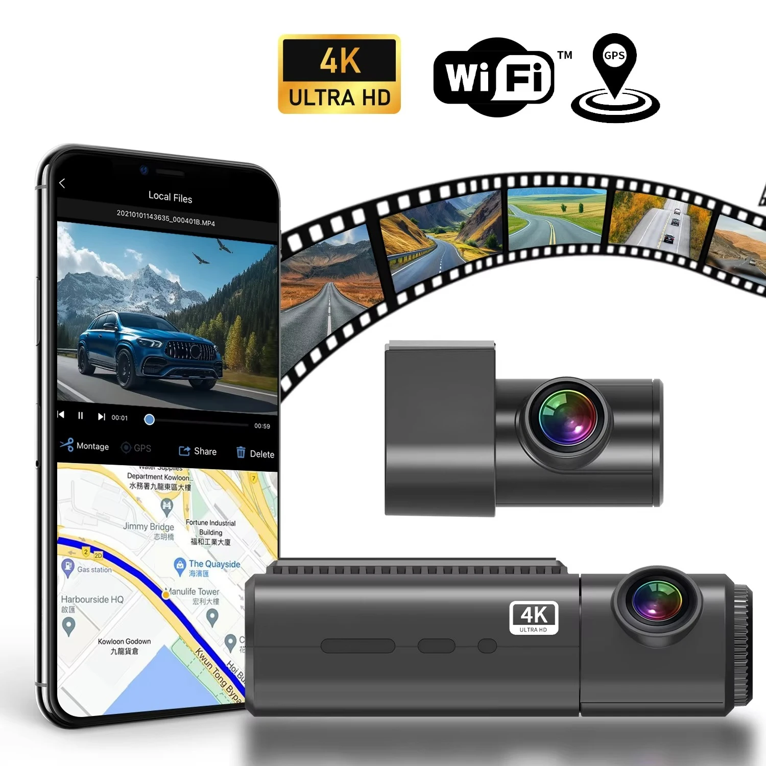 4K Ultra HD Dual Lens Dash Camera Front Rear Car DVR Speed GPS Tracking Device WiFi  Night Vision Car Monitor Camera Dashcam