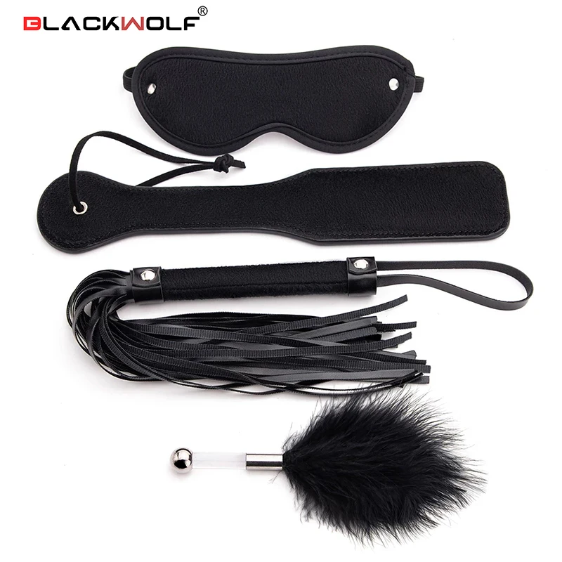 BLACKWOLF 4Pcs Bed Bondage Set BDSM Kits Eye Mask Whip Paddle Anal Plug Bead Sex Adult Games Erotic Sex Toys For Women Couples