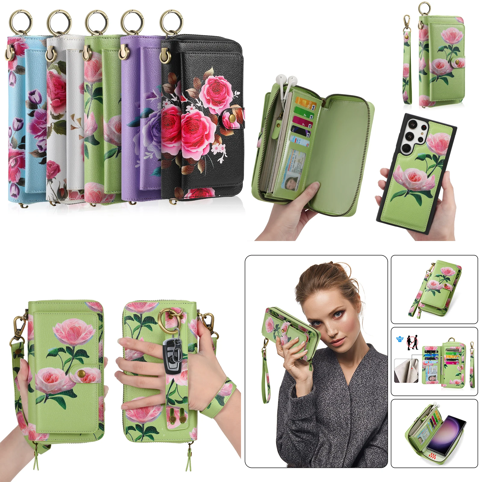 Wristband Zipper Wallet Cards Solt Flower Phone Bag For Samsung Galaxy S23 Ultra S22 Plus Note 20 Hand Strap Detachable Cover