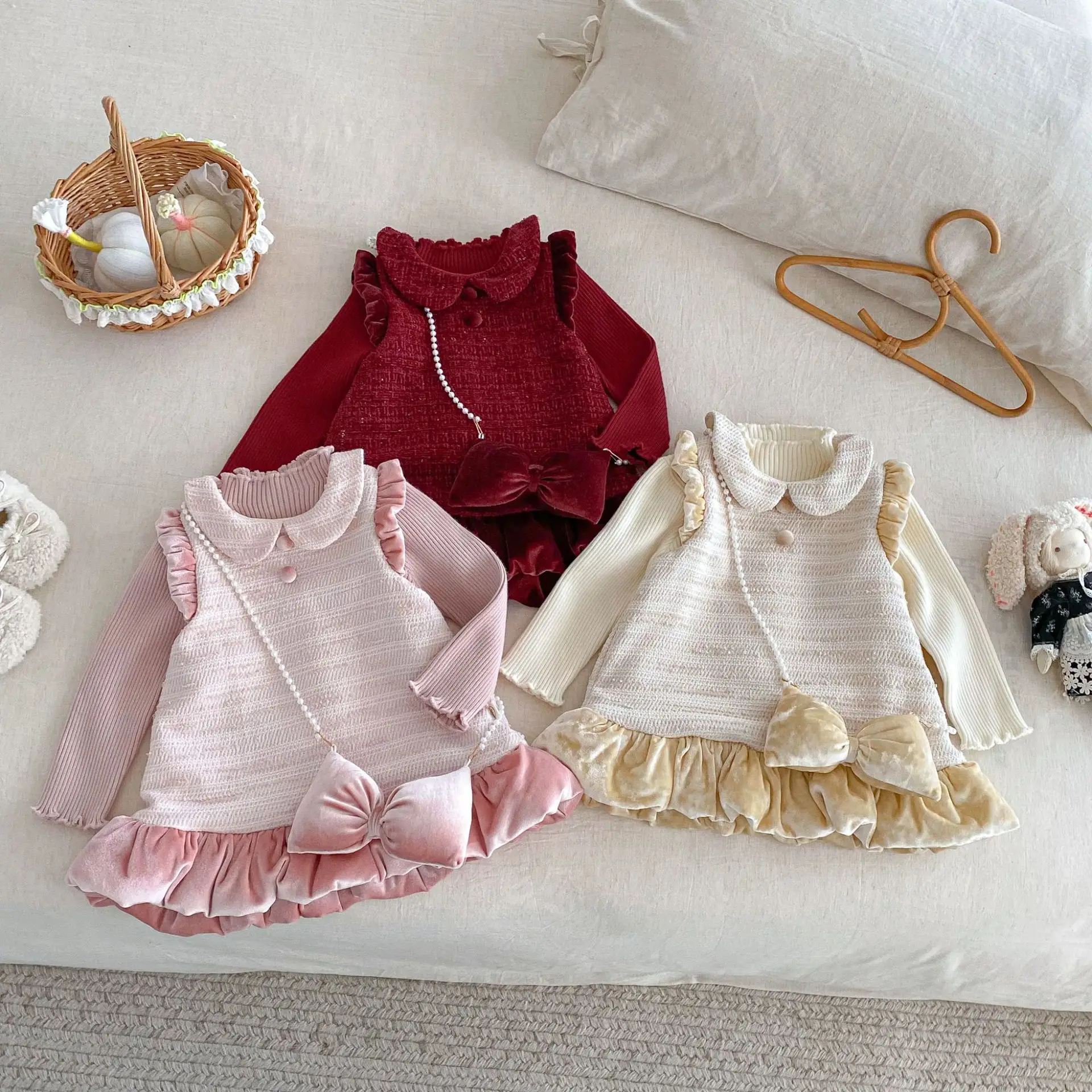 

2025 Kids Girl Dresses Fleece-Lined Princess Dress Tweed Style Bowknot Peter Pan Collar Ruffle Party Dress for Kids 0-5Y Clothes