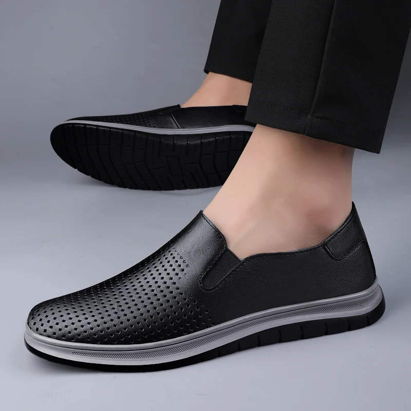 Summer Genuine Leather Men Shoes Luxury Brand Casual Slip on Formal Loafers Men Moccasins Italian Black Male Driving Shoes Men