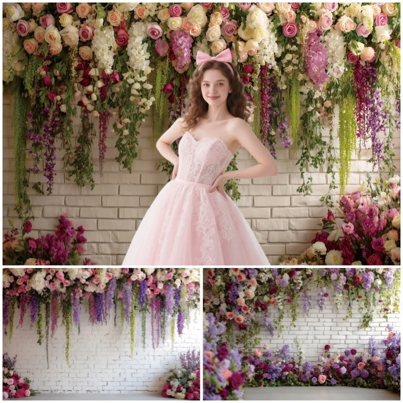 

Flowers Brick Wall Wedding Scene Backdrop Marriage Ceremony Bridal Baby Maternity Portrait Photography Background Photo Studio