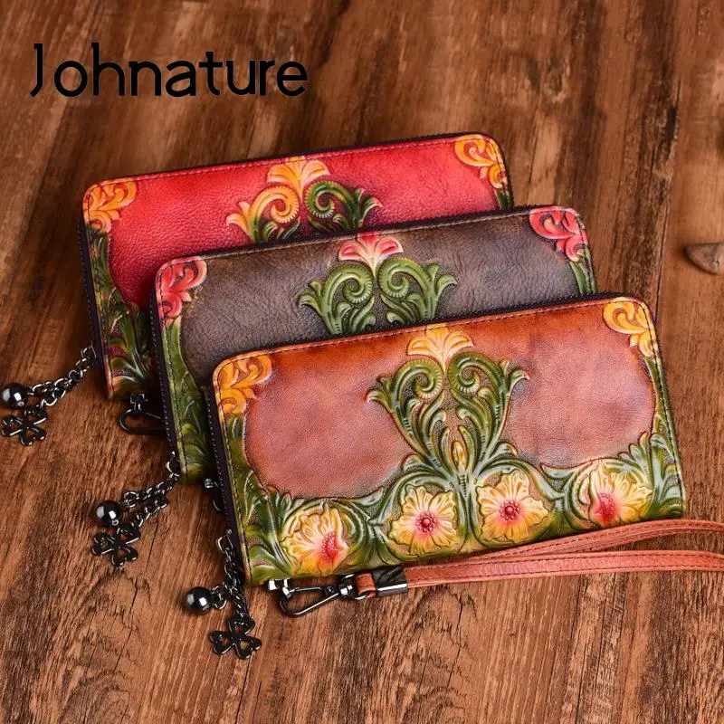 

Johnature First Layer Cow Leather Luxury Women Hand Wallet 2024 New Retro Embossed Large Clutch Wallets Card Holder Phone Purse