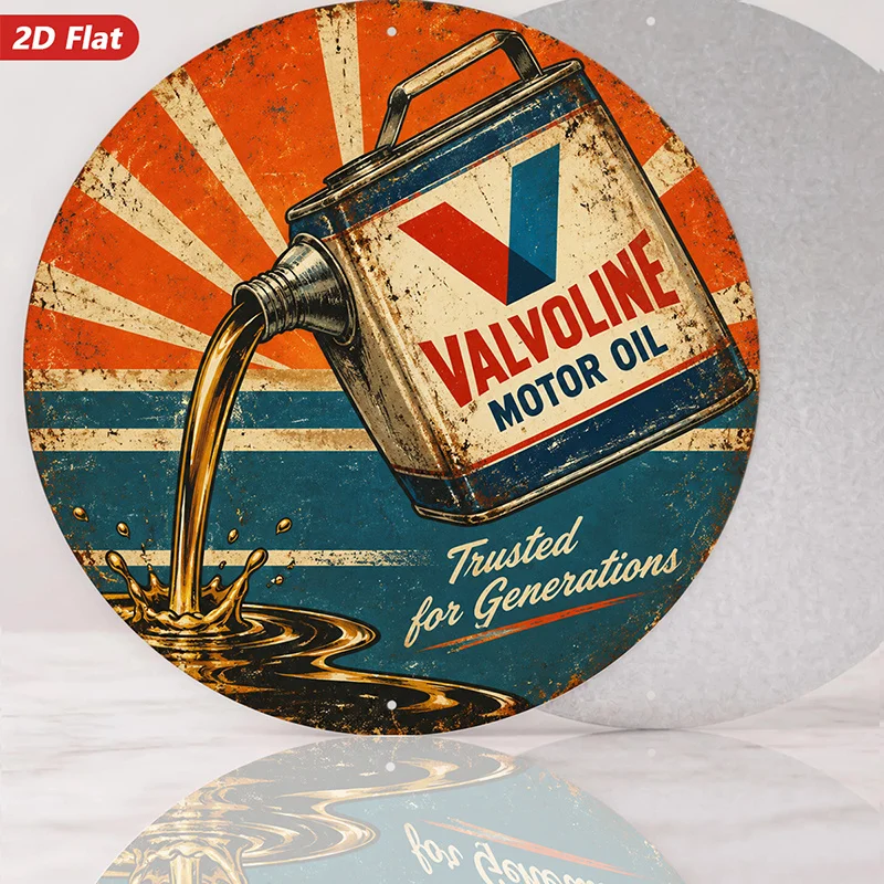 2D Flat, 1pc Vintage Motor Oil Round Metal Sign Wall Art, Pouring Oil Can, Trusted for Generations Wording,