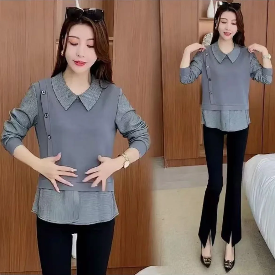 Spring Fashion Ladies' Long Sleeve Base Shirt Slimming Casual Style Popular Network Model Two-Piece Illusion Polyester T-Shirt