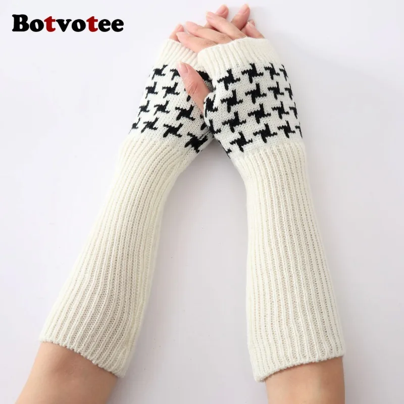 Botvotee الأكمام للنساء Y2k اكسسوارات أصابع قفازات مدفئات للذراع متماسكة شتاء دافئ houndstooth طويل الأيدي الحرة قفازات