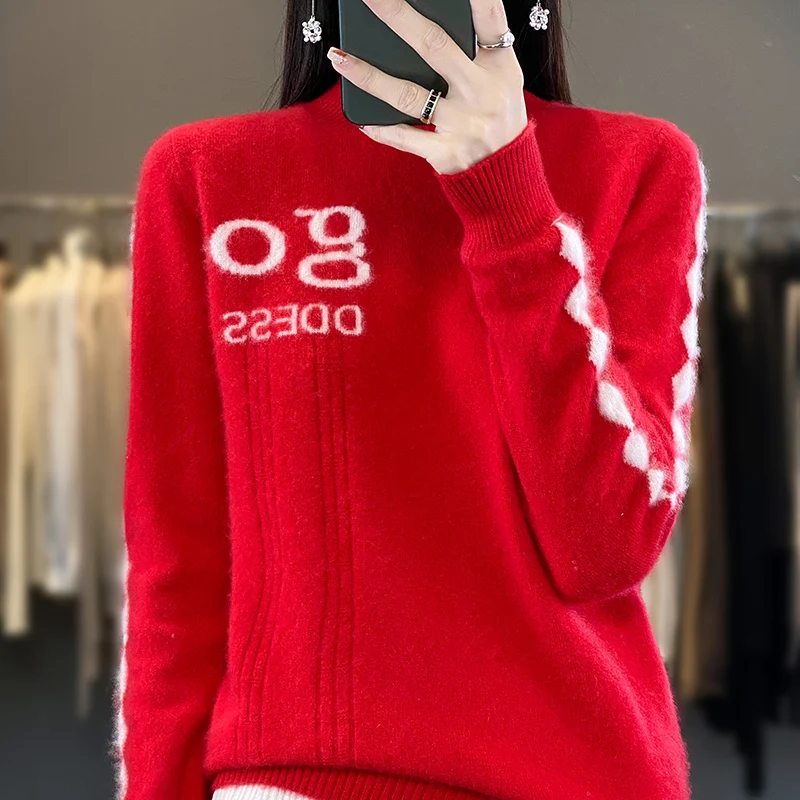 

100% Merino Wool Autumn Winter Women Fashion Solid Color Sweater Half-turtleneck Cashmere Pullover Long Sleeves Classic Top
