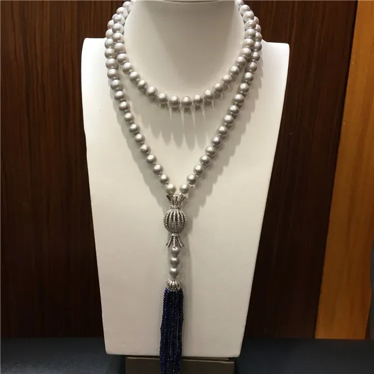 Hand knotted natural 100cm 8-9mm gray freshwater pearl temperament micro inlay zircon clasp tassel necklace fashion jewelry