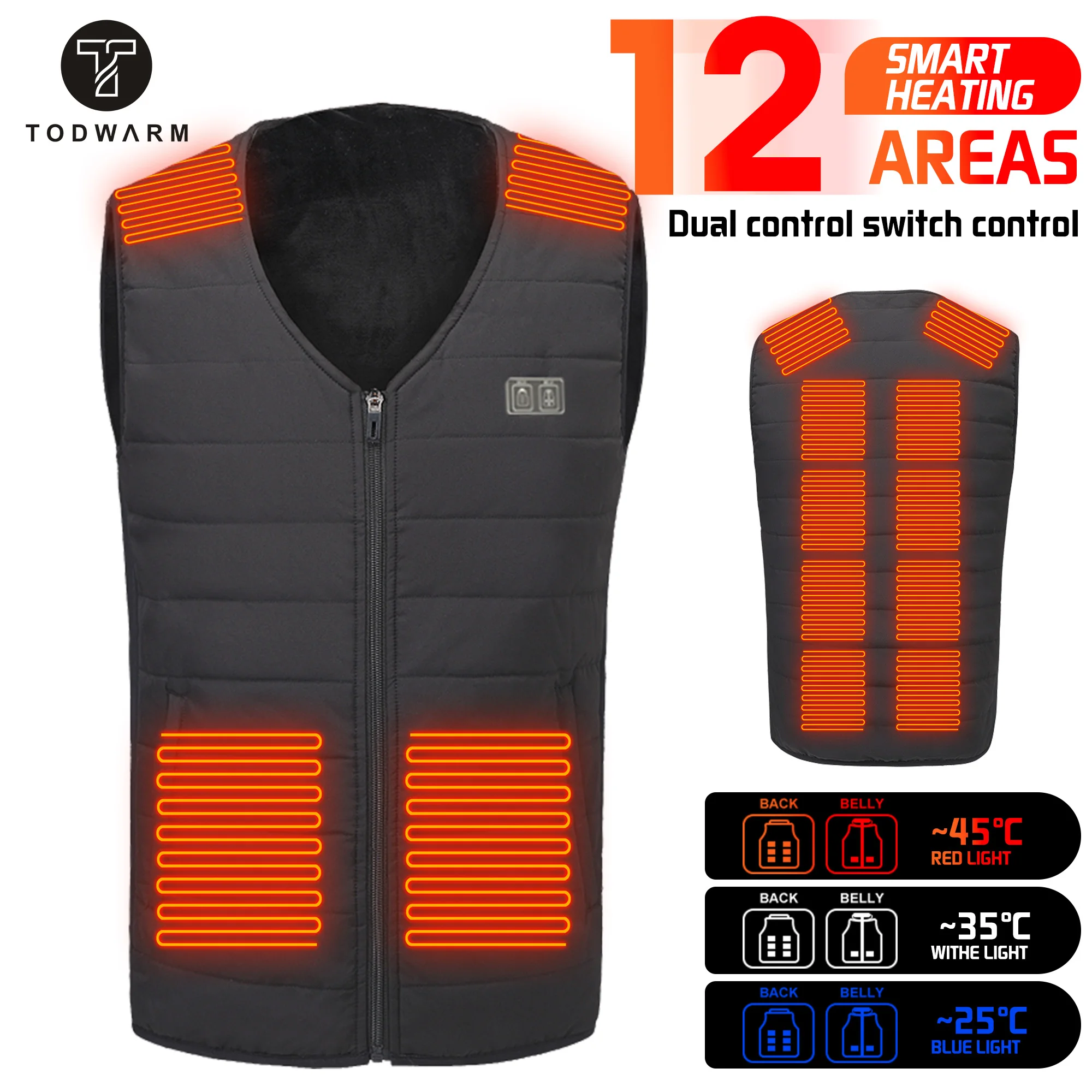 

TODWARM Heated Vest 45℃ Winter Motorcycle Vest USB Electric Heating Jacket Vest Thermal Clothing Winter Riding Jacket Waistcoat