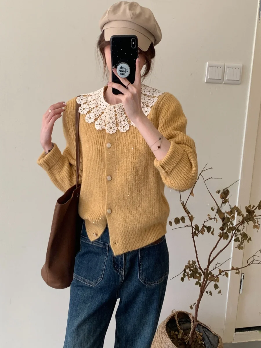 

Aimisle Original Lace Trim Knitted Cardigan Women's Doll Collar Anti-Aging Sweater Jaet Warmth Heating round Ne Single ...