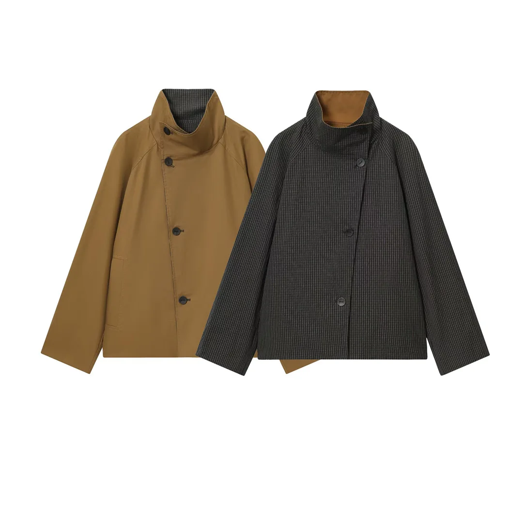 

Новая осенняя женская ветровка, пальто с длинным рукавом, двусторонняя куртка с воротником-стойкой, элегантная короткая модная весенняя верхняя одежда на пуговицах