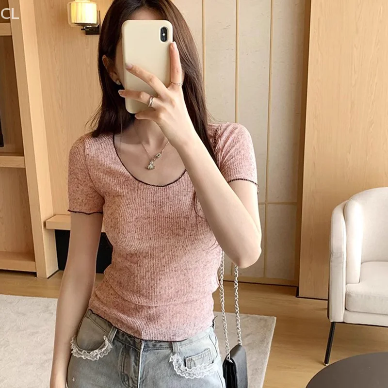 Sommer 2025, neue Kontrastfarbe, Schlosskante, dünne Schneeflocke, Leinen, gerade Schulter, schlankes Kurzarm-T-Shirt für Damen