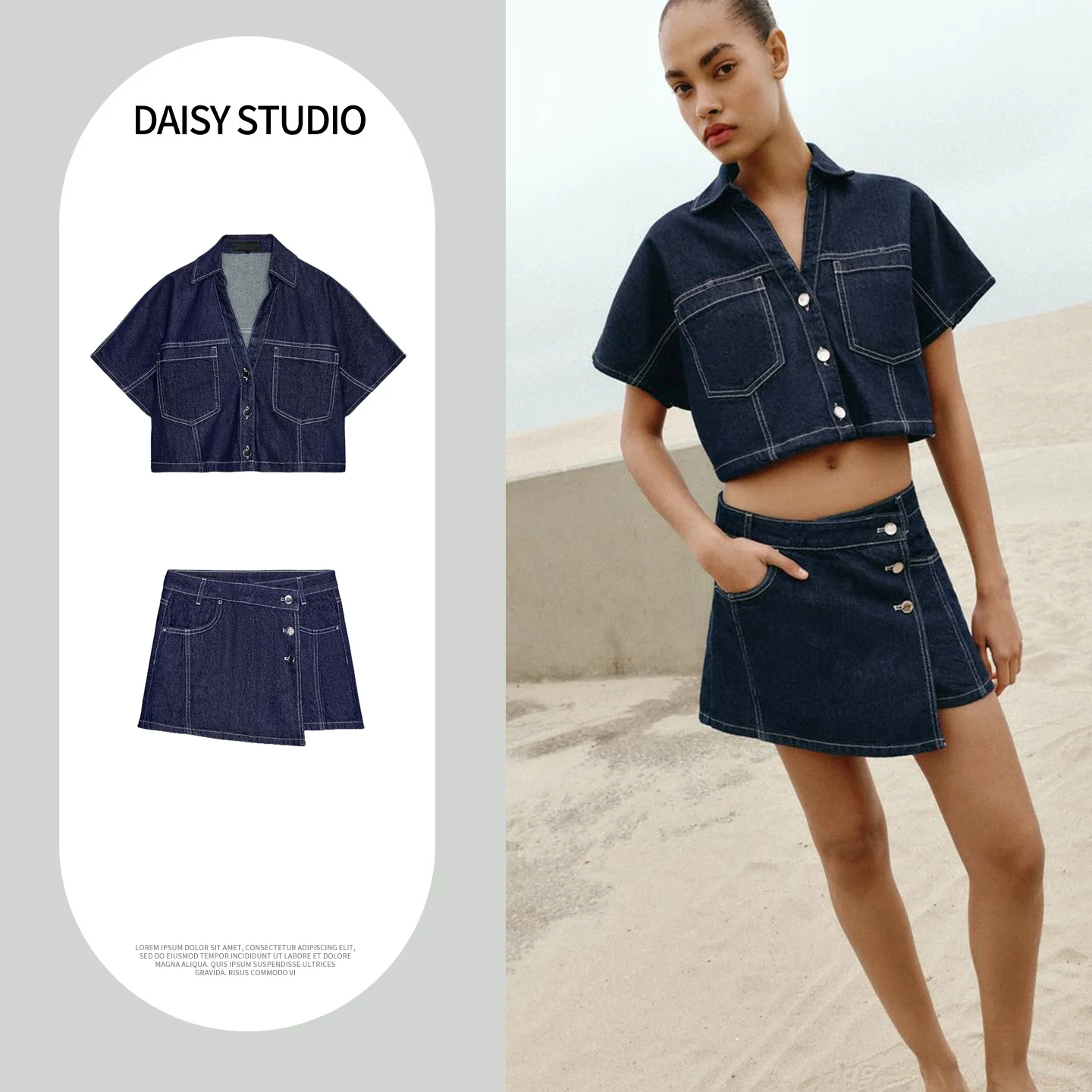 

Metal Button Zipper Style Short Sleeve Turn-down V-neck Denim Shirt And High-waisted Skirt Two-piece Set Women's Fashion