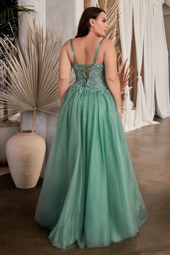 Green Plus Size Prom Dresses Glittery Tulle Lace Applique Spaghetti Strap A Line Sleeveless Formal Party Women Evening Gowns