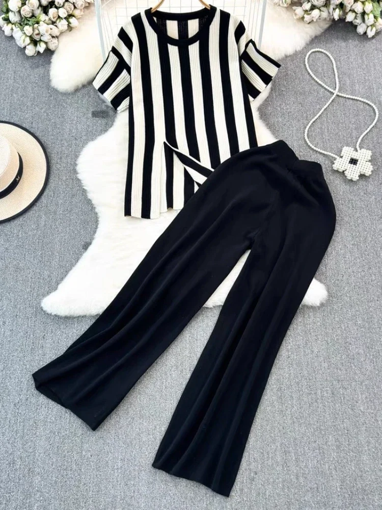 Long Pants Women Suit Short Sleeved Top Striped Casual Top Fashion Korean High Waisted Wide Leg Pants Female Clothing Summer