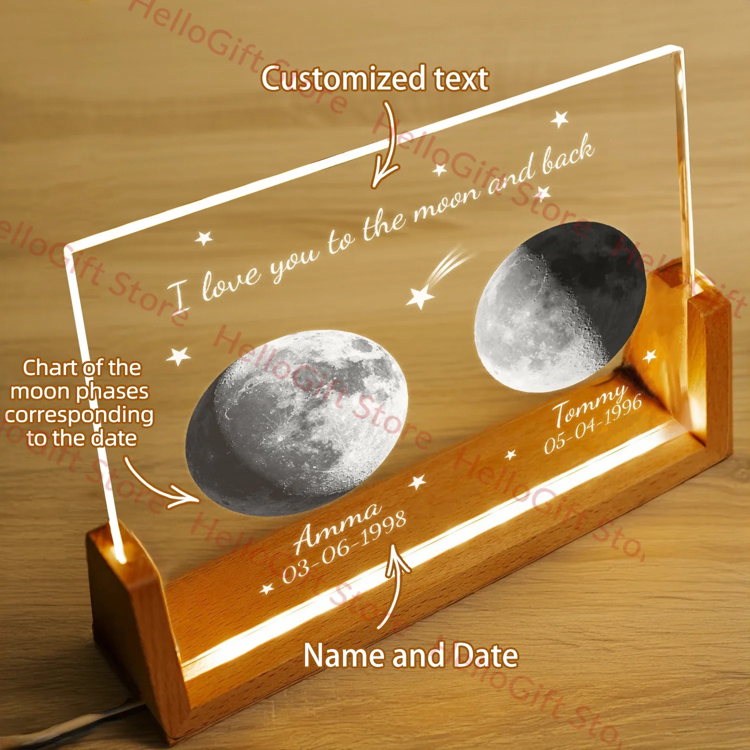 Romantic Customized Moon Lamp Crystal Personalized Engraving Night Light for Couple Family Bedroom Home Decor Gift