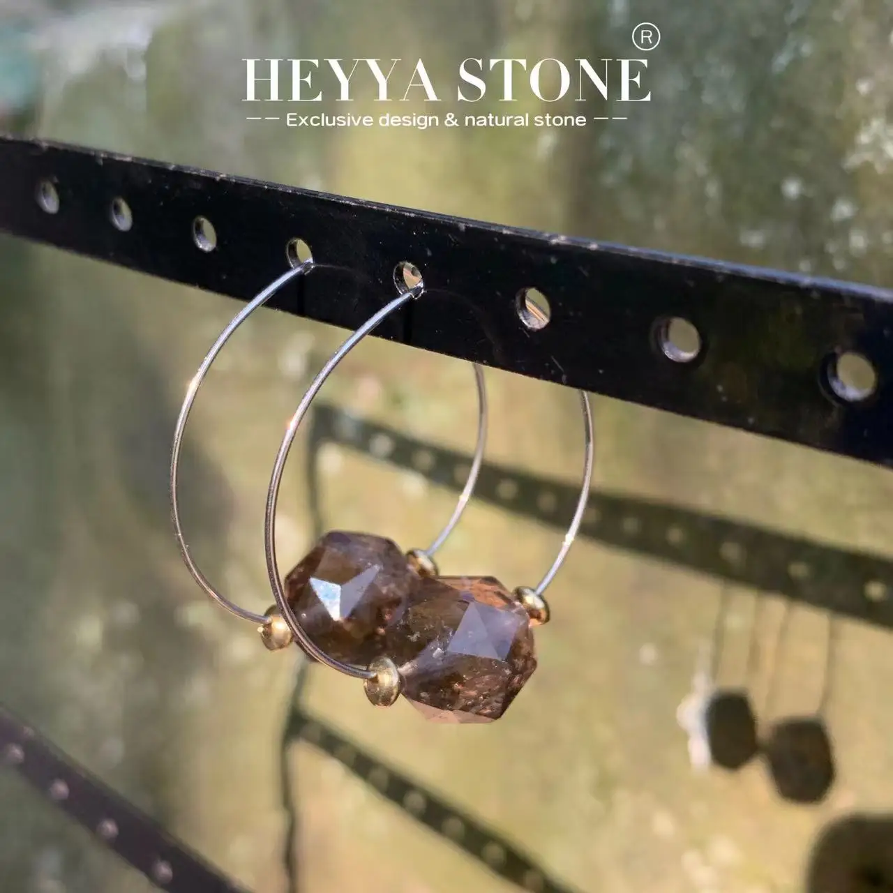 HEYYA STONE Natural Smoky Quartz Hoop Earrings Simple Classic Round Circle Gemstone Jewelry Handmade Stainless Steel