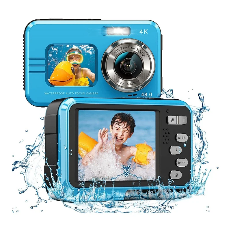 

4K Waterproof Camera 16X Digital Zoom Digital Camera Dual Screens Selfie 48MP For Snorkeling Kids