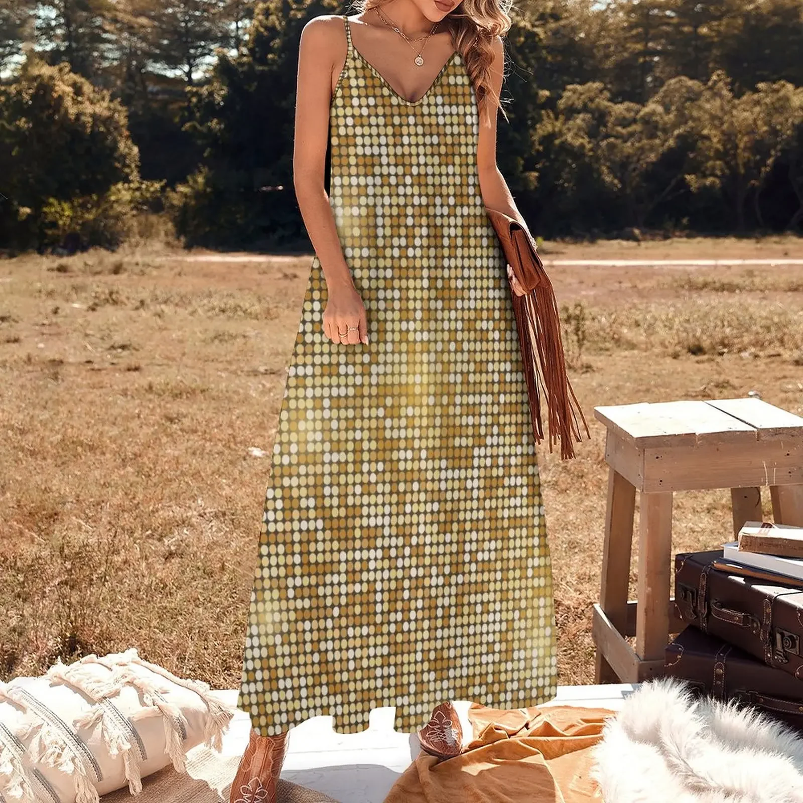 Retro Gold Glitters Golden Disco Ball Shine optical illusion HD High Quality Online Store Sleeveless Dress prom dresses 2024