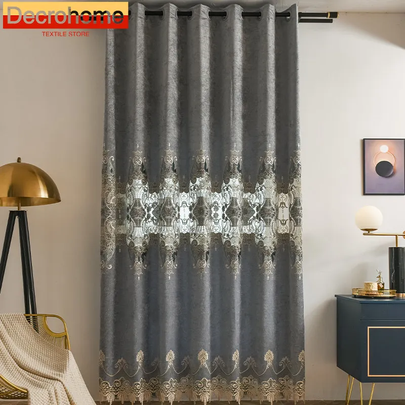 European Style Living Room Luxury Villa Chenille Embroidered Curtains for Living Dining Room Bedroom Custom Size Decoration