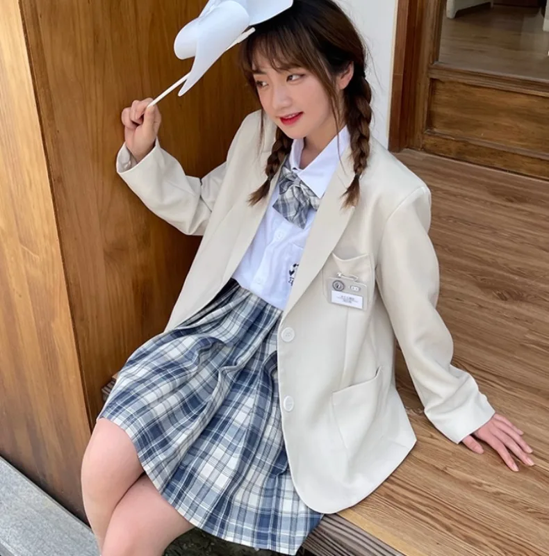 2025, Frühling und Herbst, weißes JK-Uniform-Set, College-Stil, Damen-Blazer, Langarm-Shirt, blau, kurzer karierter Rock