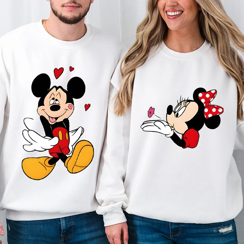 

Женские и мужские толстовки в стиле ретро с Микки и Минни на День святого Валентина, повседневные новые одинаковые толстовки для пар с длинными рукавами и круглым вырезом, подарки