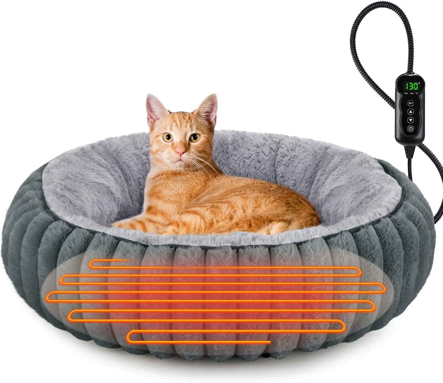 

Heated Donut Pet Bed for Cats & Small Dogs, Adjustable Temperature with Timer, Waterproof & Washable
