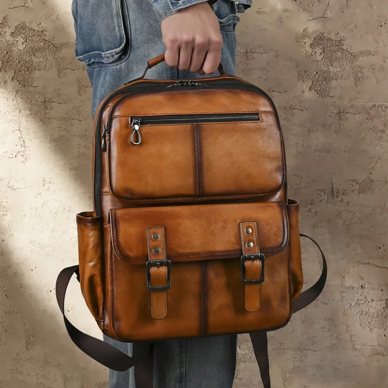 2025 Retro Unisex Genuine Leather Handcrafted Backpack with Vintage Fading Effect