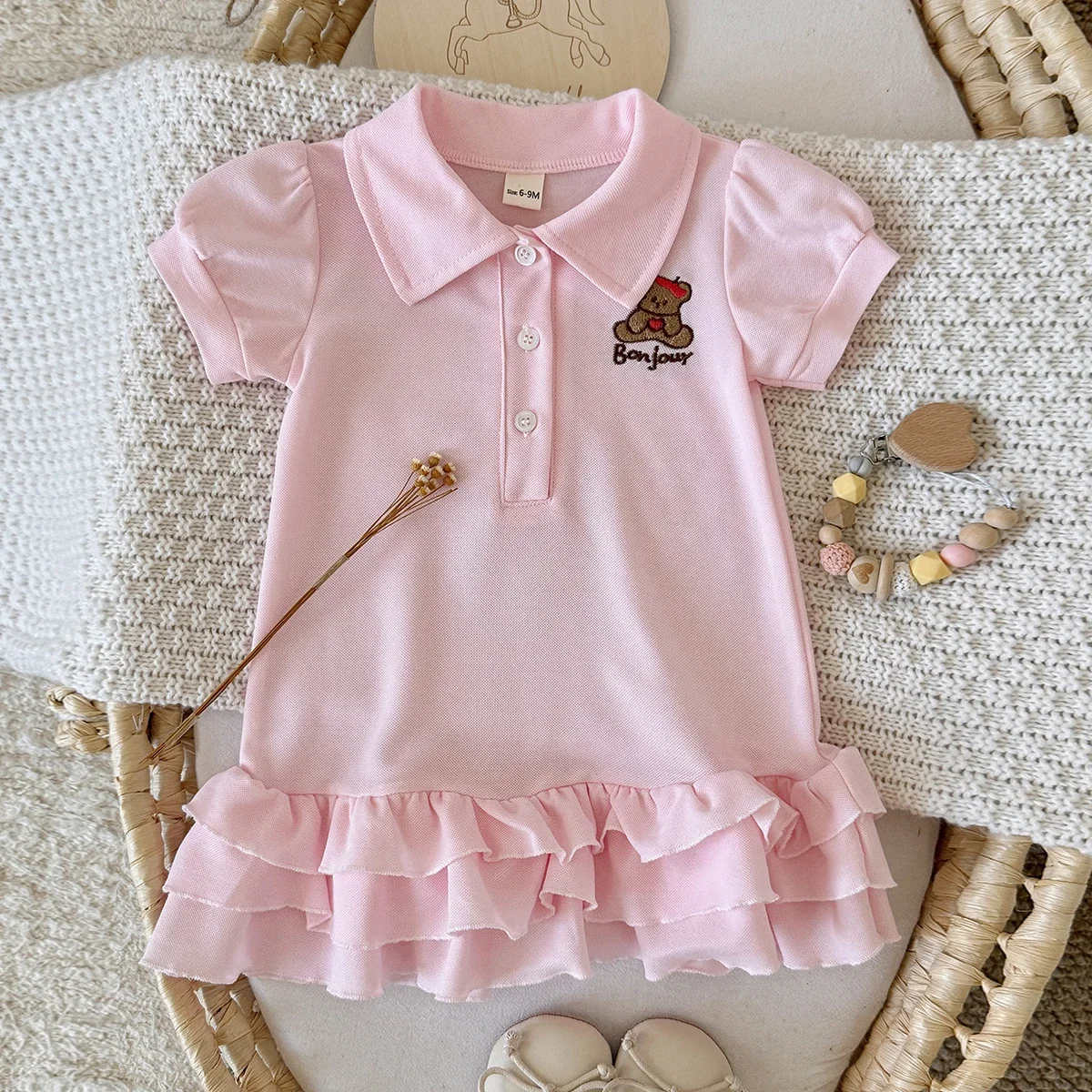 Summer Cartoon Embroidery Dress,Bubble Sleeve Lapel and Ruffle Detail, for Baby Girl (0-3Y), Toddler Girls Cute Style Dress