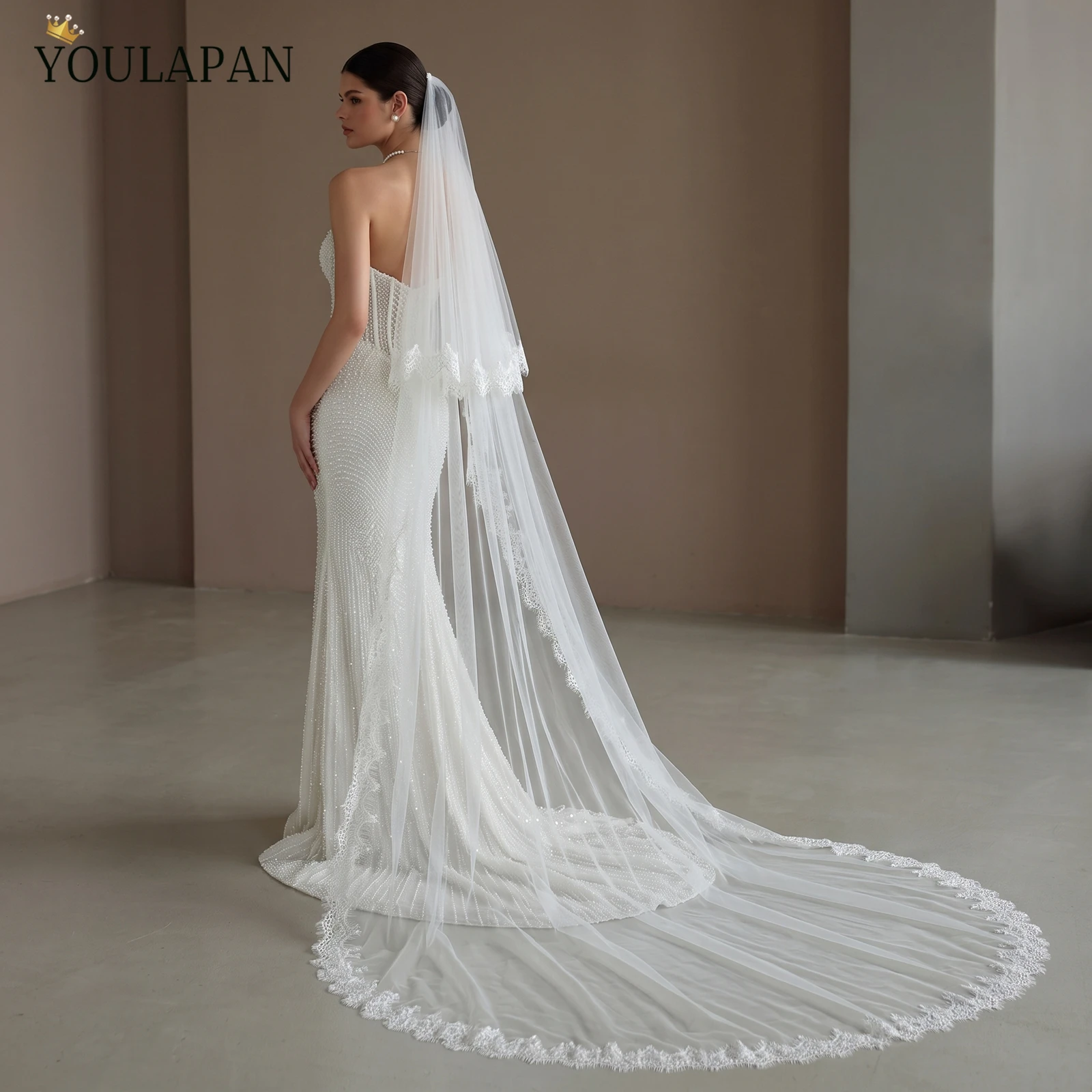 TOPQUEEN Eyelash Lace Cathedral Wedding Veil Two Tier With Comb Bridal Veil Velo De Novia Dos Capas Con Encaje De Pestaña V410