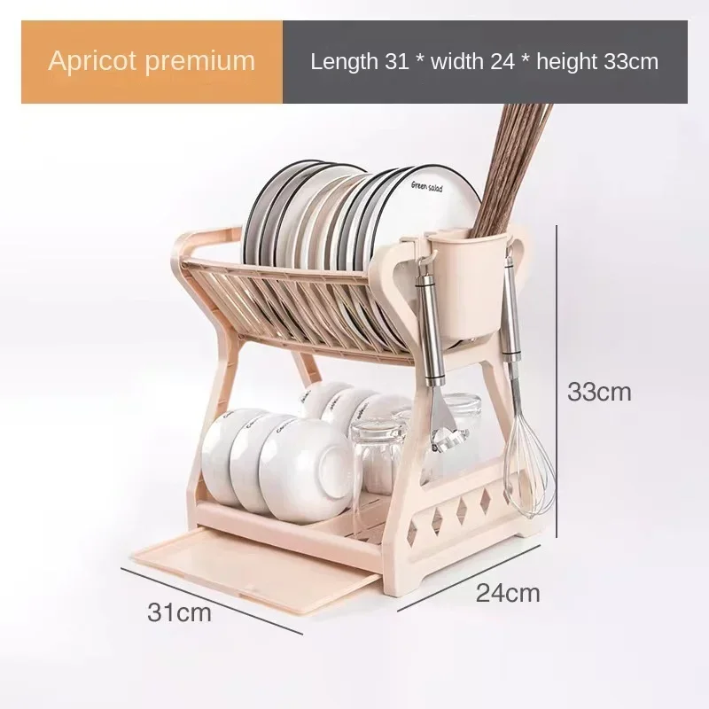 2023 New Double-layer Kitchen Dish Bowl Draining Storage Rack with Chopstick Cage Household Tableware Organizer Tray Box Basket