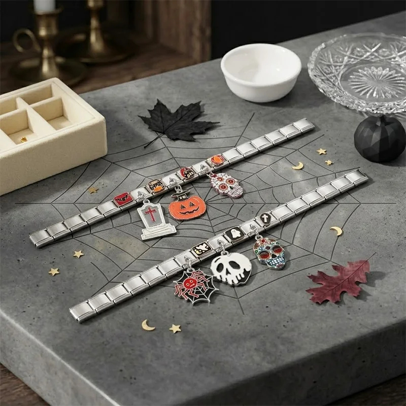 Pre-Assembled Y2K Halloween Italian Module Bracelet Stainless Steel Bracelet Skull Ghost Spider Pumpkin Tomb Charms DIY Jewelry