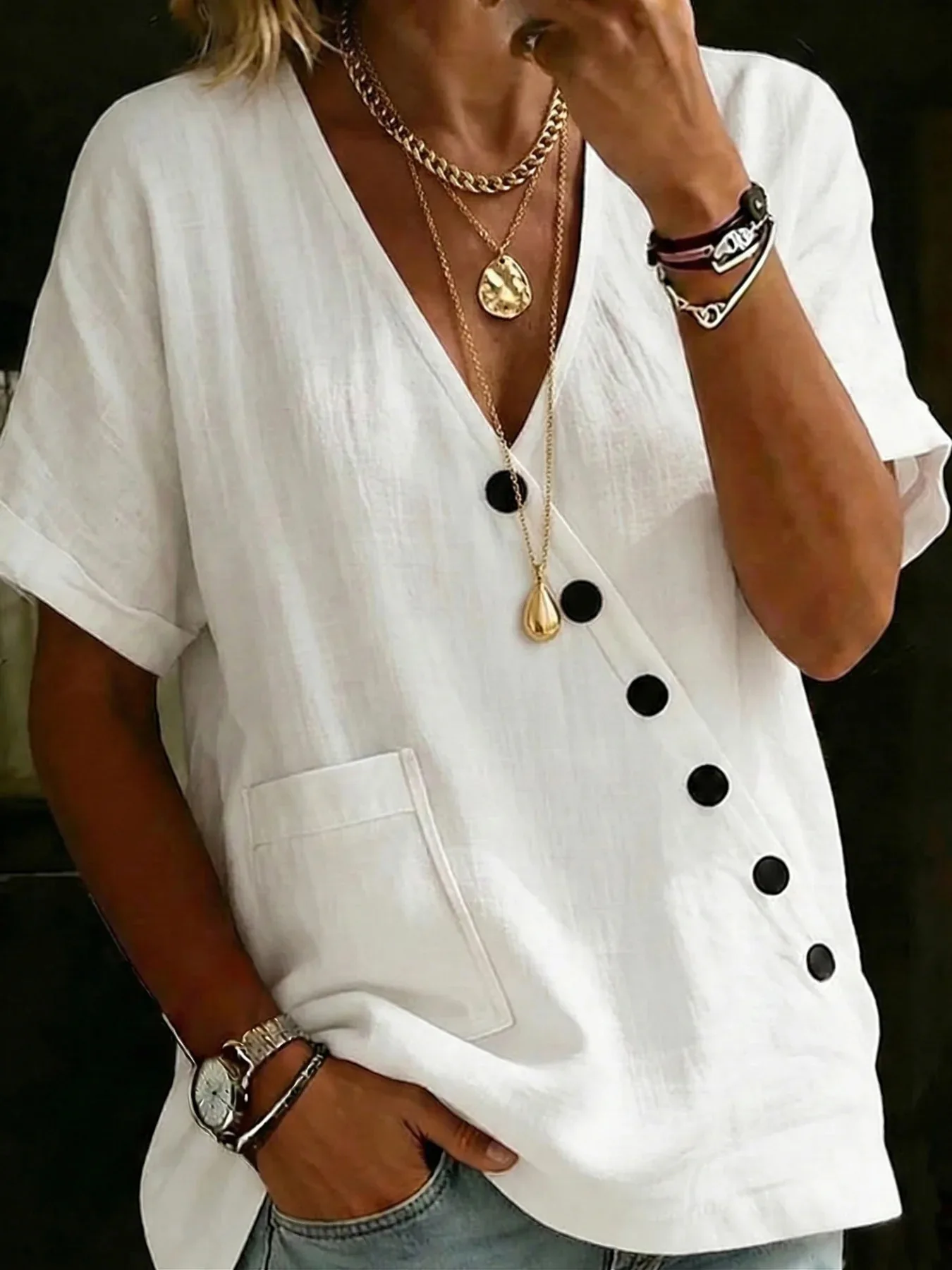 New 2026 Summer Casual Women V Neck Button Shirt Women Fashion Solid Color Loose Blouse Women New Elegant Pockets Oversized Tops