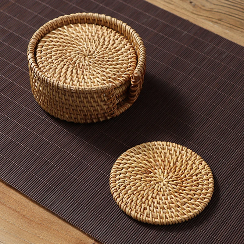 LuanQI-Natural Round Rattan Coaster, Hand Made Cup Mat, Tea Coffee Mug, Drinks Holder, Tableware Decor, Insulation Pads, 1Pc