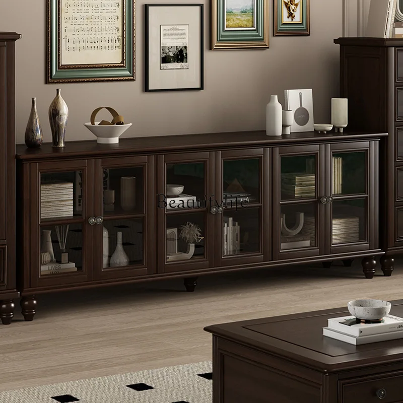 

04American pure solid wood TV cabinet coffee table combination black walnut all solid wood large apartment