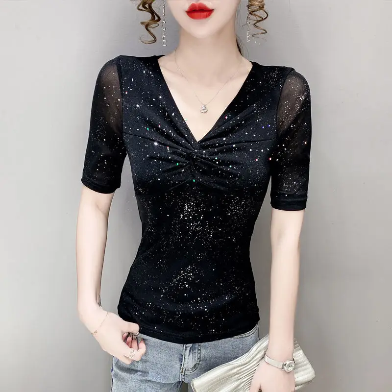 Short-sleeved Women Mesh T-shirt Summer Shiny bottoming top Casual Bright Silk Pleated Black Shirt blusa feminina