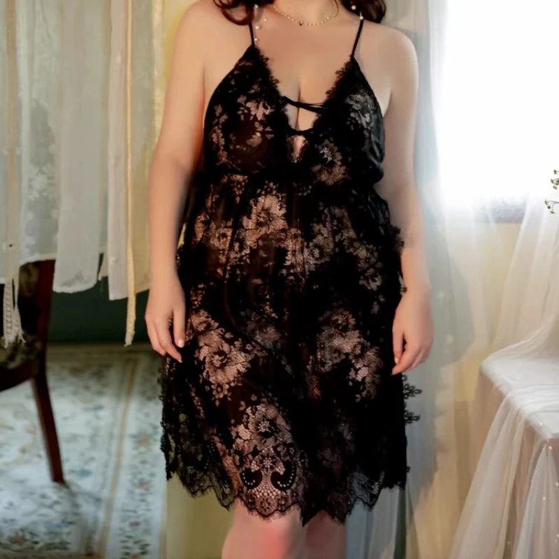 Yjq suspender large size pajamas women's transparent lace nightdress set