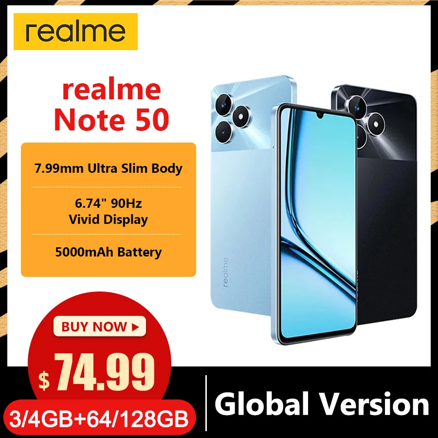 شاشة Realme Note 50 6.74 بوصة 90 هرتز IP54 مقاومة للغبار والماء 3 فتحة للبطاقات بطارية 5000 مللي أمبير في الساعة كاميرا 13 ميجابكسل 7.99 ملم رفيعة للغاية