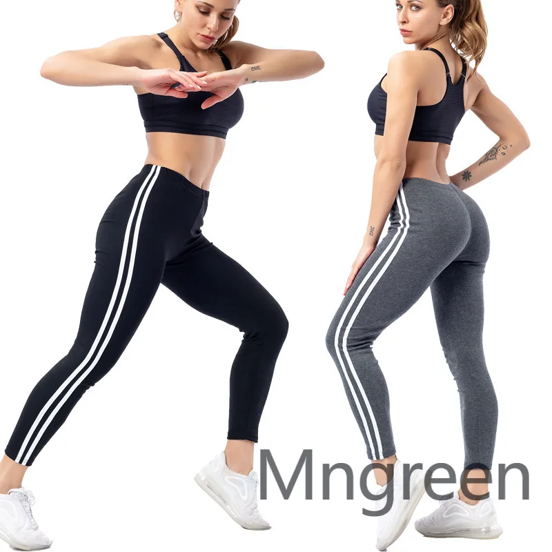 2025 nuevo modelo, pantalones casuales de tiras blancas laterales de moda para mujer, pantalones finos y finos de nueve puntos, pantalones de chándal elásticos para mujer