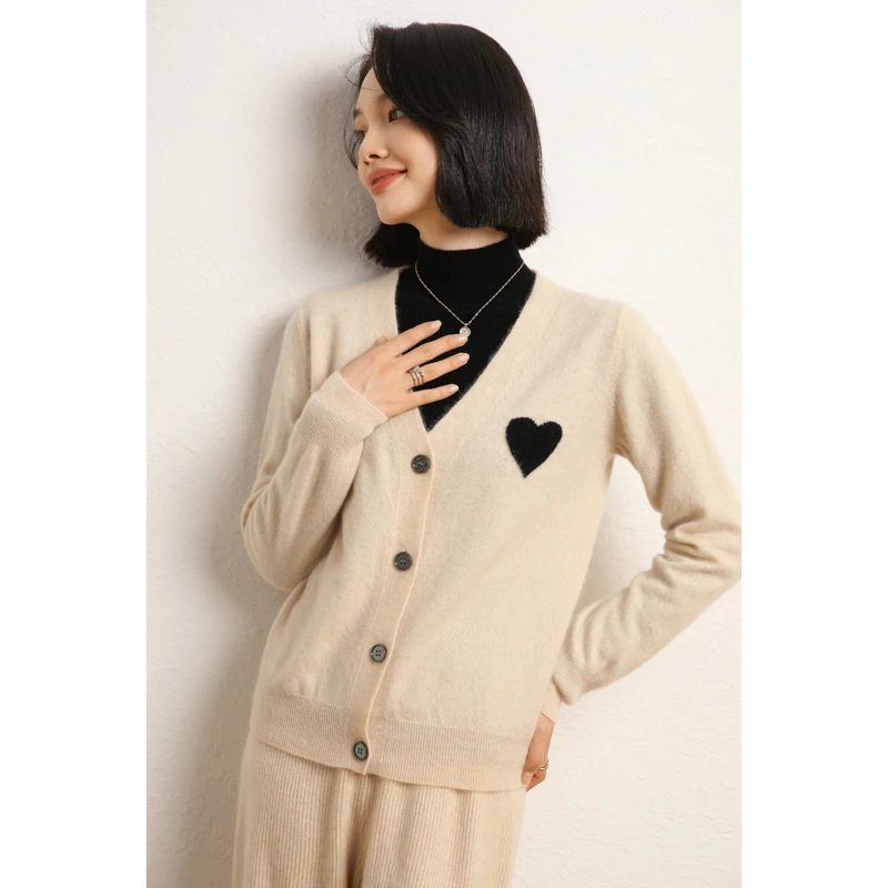 New Luxury Women Cashmere Sweater Preppy Style V-neck Cardigan Heart Knitted 100% Cashmere Knitwear Autumn Winter Clothes Tops