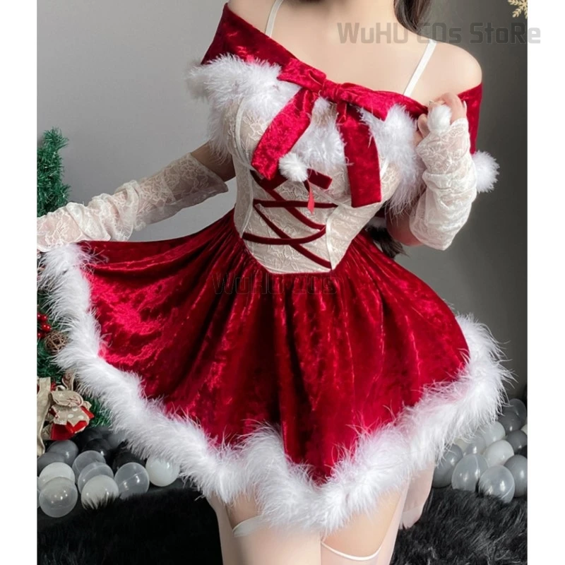 Christmas Party Plush Velvet Uniform with Cloak Cosplay Costume Lace Red New Year Dress Girls Underwear Princess Roleplay Outfit