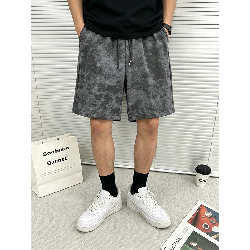 Summer Loose Meat Covering Drawstring High Waist Wide Leg Pants New Ins Wind Tie-dye Five-point Shorts for Men and Women