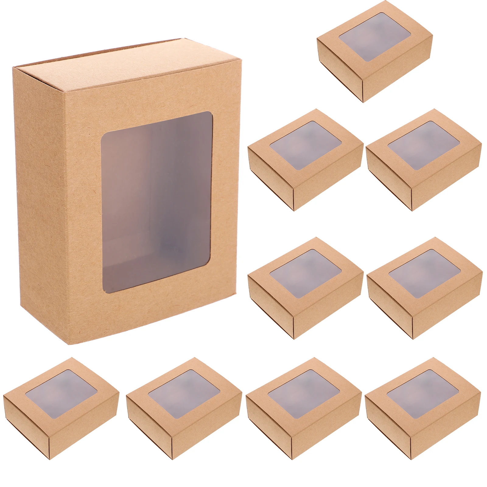 

10 Pcs Gift Boxes 14x11x5cm Brown Paper Storage Cases Sliding Design PVC Window ies Chocolate Party Favors Birthday Gifts