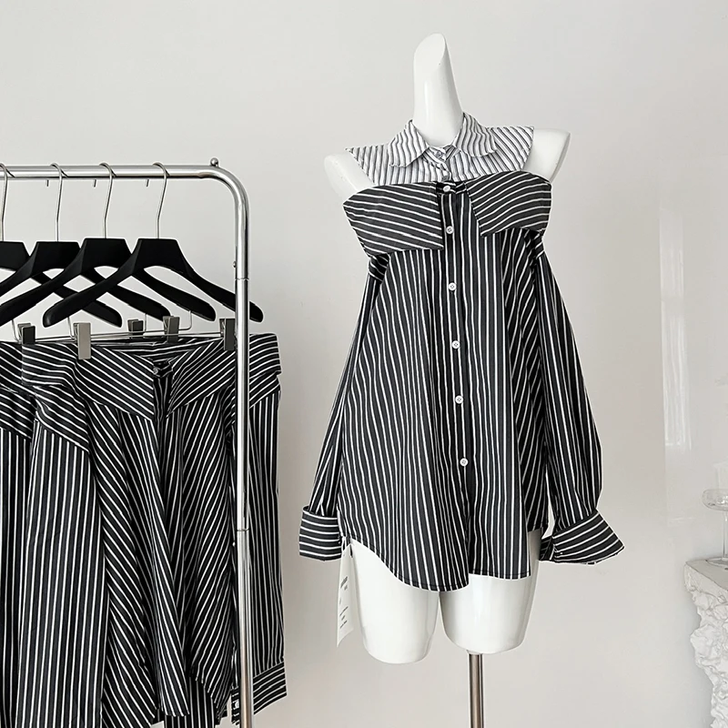 Hottie Casual Striped Shirts Women Off Shoulder Long Sleeve Casual Loose Blouse Detachable Patchwork Button Vintage Female Tops