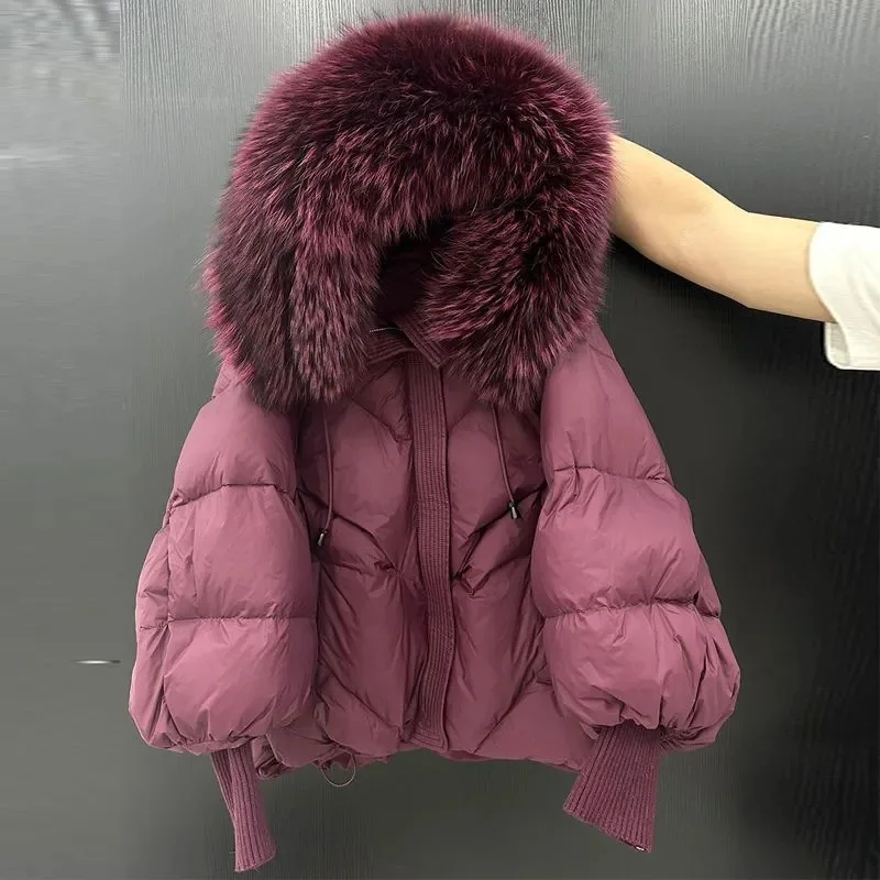 2025 New Winter Large Fur Hooded Puffer Jacket Women Thicken Warm Knitted Sleeve Coat White Duck Down Mid Long Snow Parka