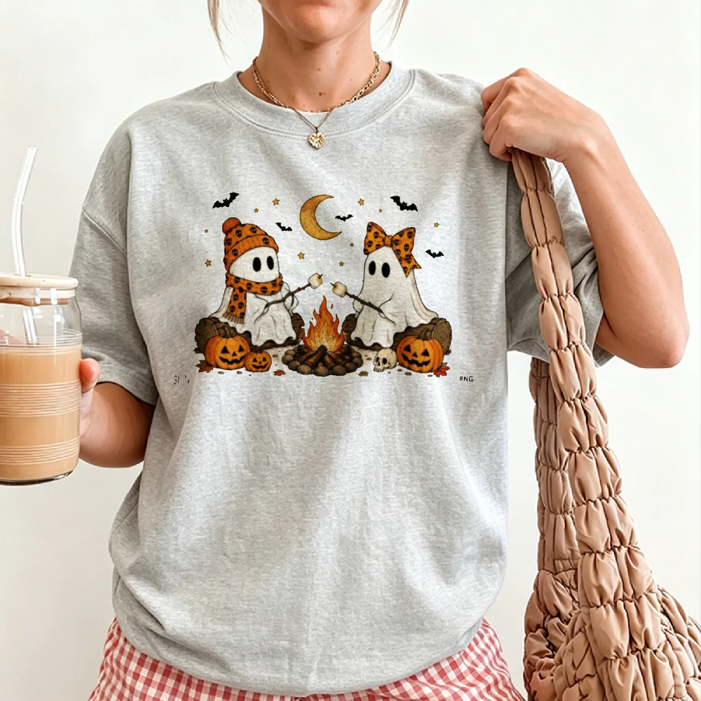 Women Halloween Ghost Campfire Roast Marshmallow T-shirt Cute Leopard Print Ghost Pumpkin Bat Moon Graphic Short Sleeve Tee Tops