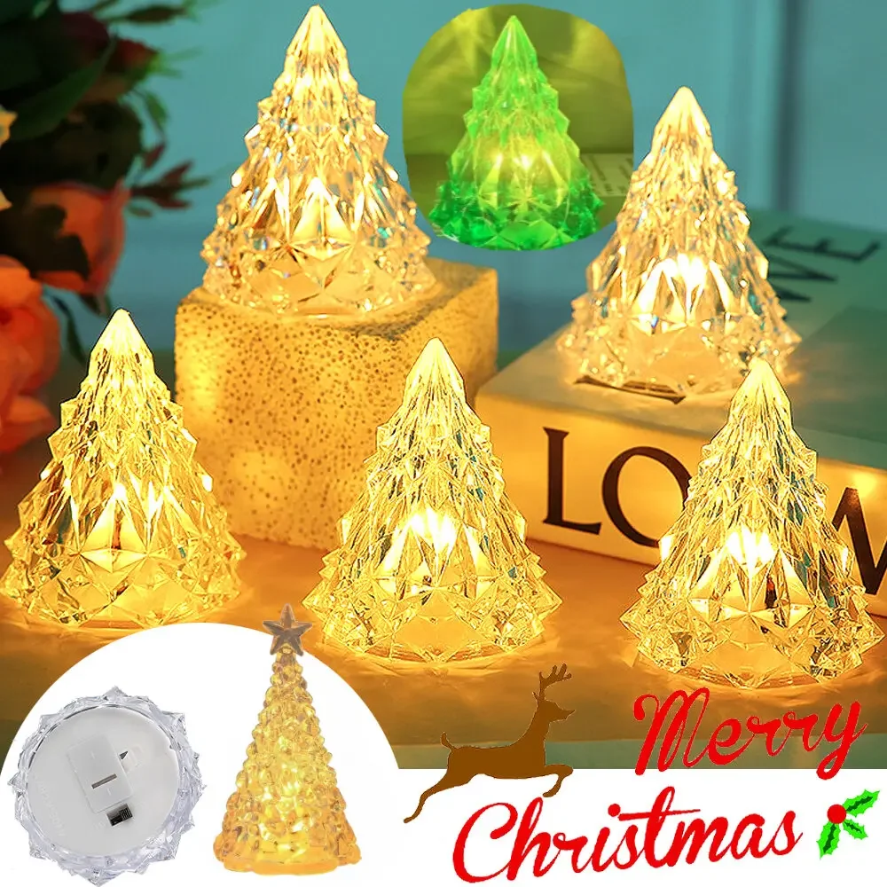 LED Crystal Night Light Warm Christmas Tree Lantern Iceberg Table Lamp Button Batteries Home Party Xmas Diamond Gift Decoration