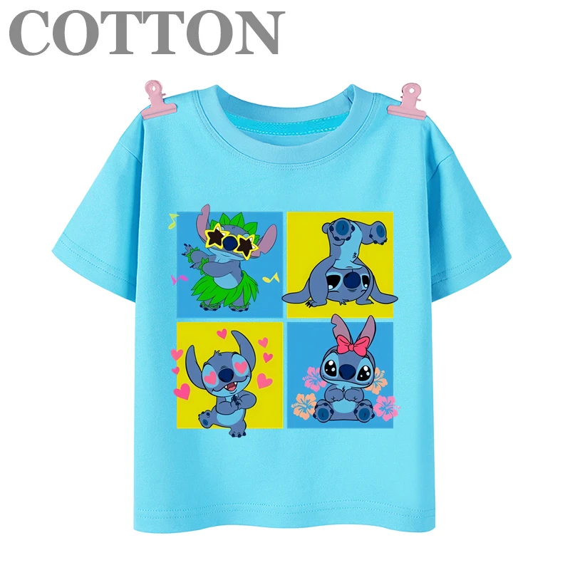 Disney Cute Stitch Anime Cotton Fashion Summer Children's Cartoon Multiple T-shirts Round Neck Casual Short Sleeve Print Pattern