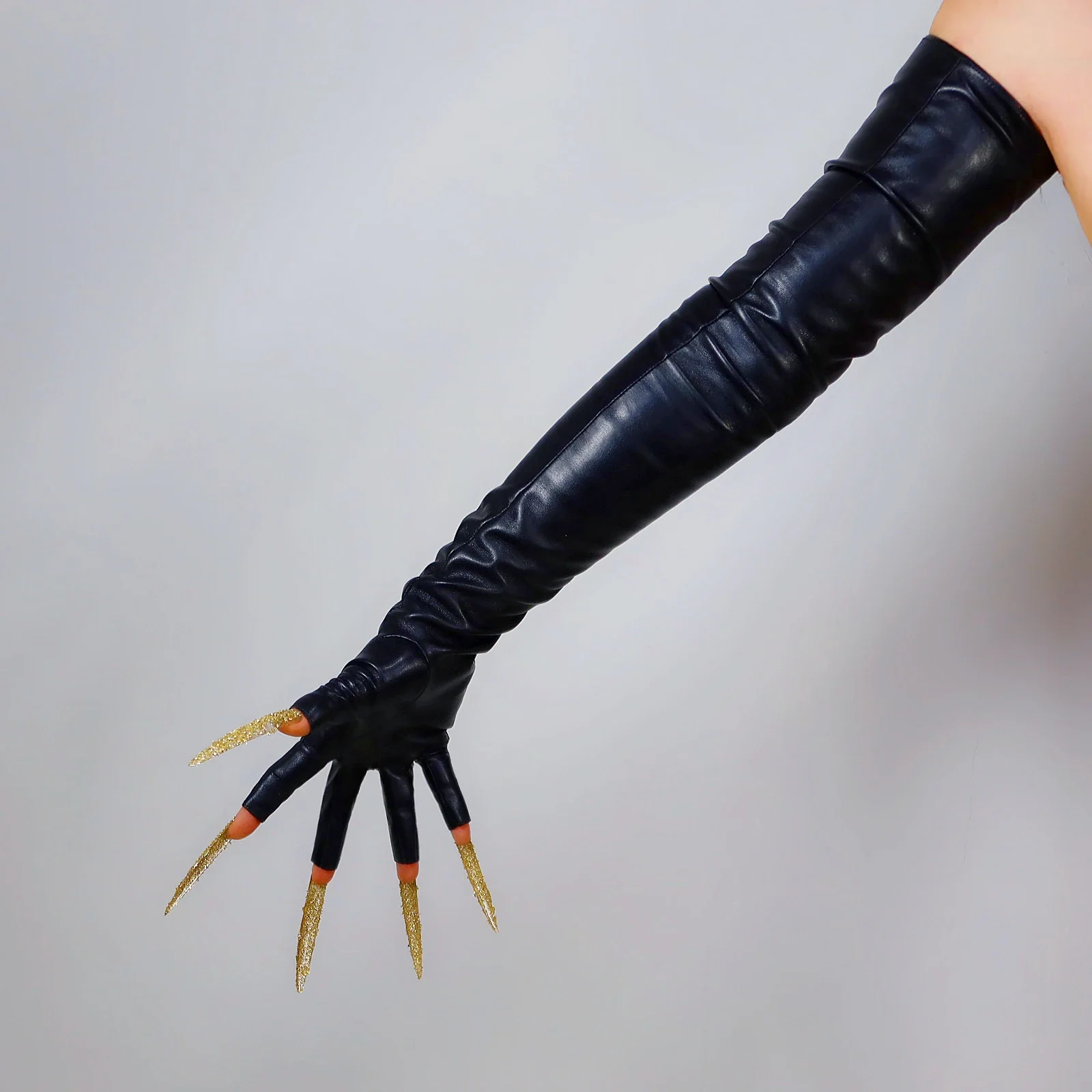 Zwarte VINGERLOZE LANGE HANDSCHOENEN Holle vingertoppen voor lange nagels Halve vinger Kunstleer Mode Kostuum Halloween Cosplay Handschoen